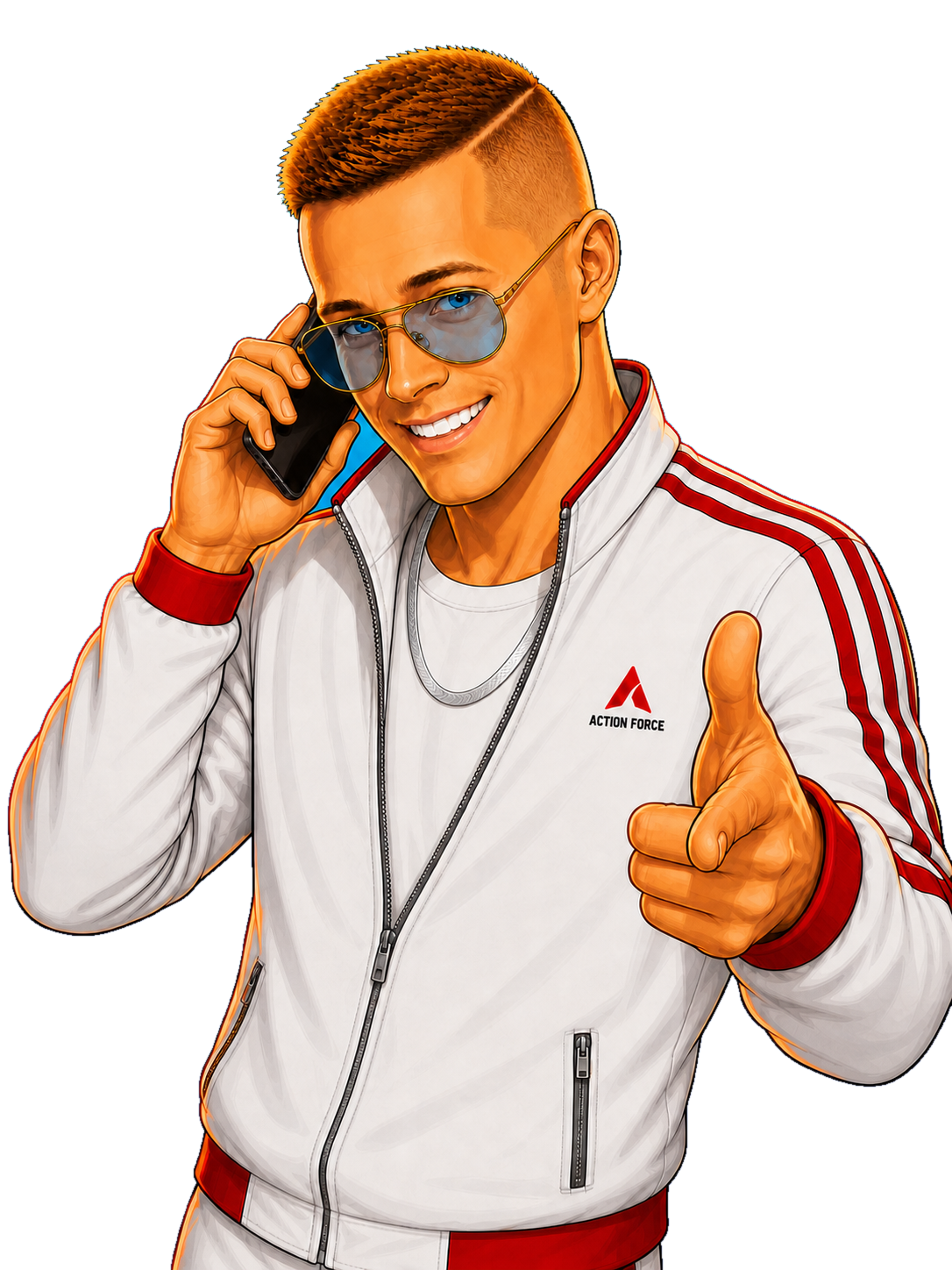 Tim Kingery holding a phone and pointing toward the viewer